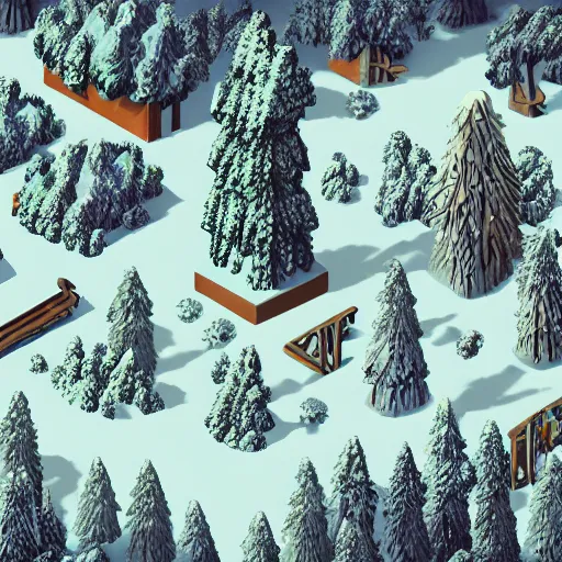 Image similar to isometric forest in winter, game art in style of sephirotart, glow