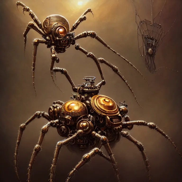 Image similar to portrait shot of a steampunk robot spider, unreal engine realistic render, 8 k, micro detail, intricate, elegant, highly detailed, centered, digital painting, artstation, smooth, sharp focus, illustration, artgerm, tomasz alen kopera, peter mohrbacher, donato giancola, joseph christian leyendecker, wlop, boris vallejo