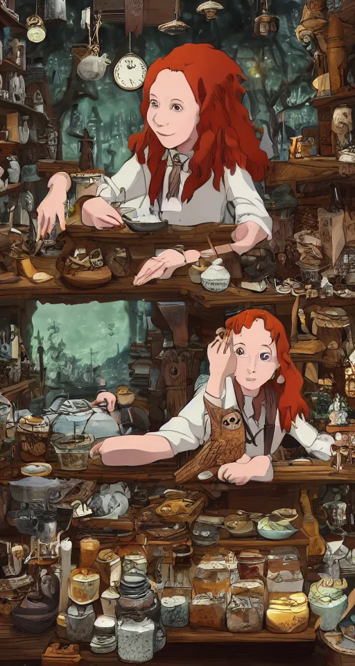 Prompt: close - up of a redhead seller at the counter in the small witch shop, with an owl, counter, cauldrons, potions, highly detailed, sharp focus, matte painting, by studio ghibli, by giovani magana, by rutkowsky,