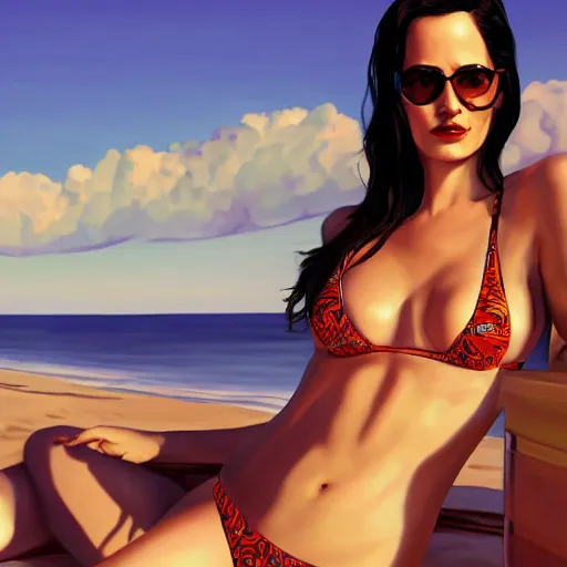 Image similar to highly detailed painting of eva green wearing a bikini, gta 5 cover art style, 8 k, radiant light, detailed and intricate environment, trending on artstation