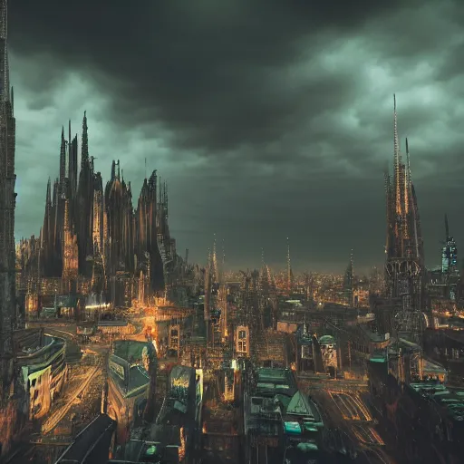 Image similar to octane render of a gothic city with an overcast sky, tall spires, steampunk, cyberpunk, high - definition, trending on artstation, alienating, imposing, imperious, malevolent, moody, landscape, distant, vast, cityscape, skyline, neon, glowing, flying vehicles, long shot, timelapse