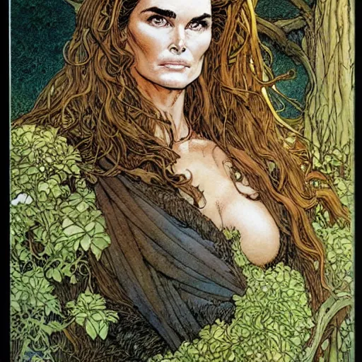 Image similar to a realistic, very beautiful and atmospheric portrait of brooke shields as a druidic warrior wizard looking at the camera with an intelligent gaze by rebecca guay, michael kaluta, charles vess and jean moebius giraud