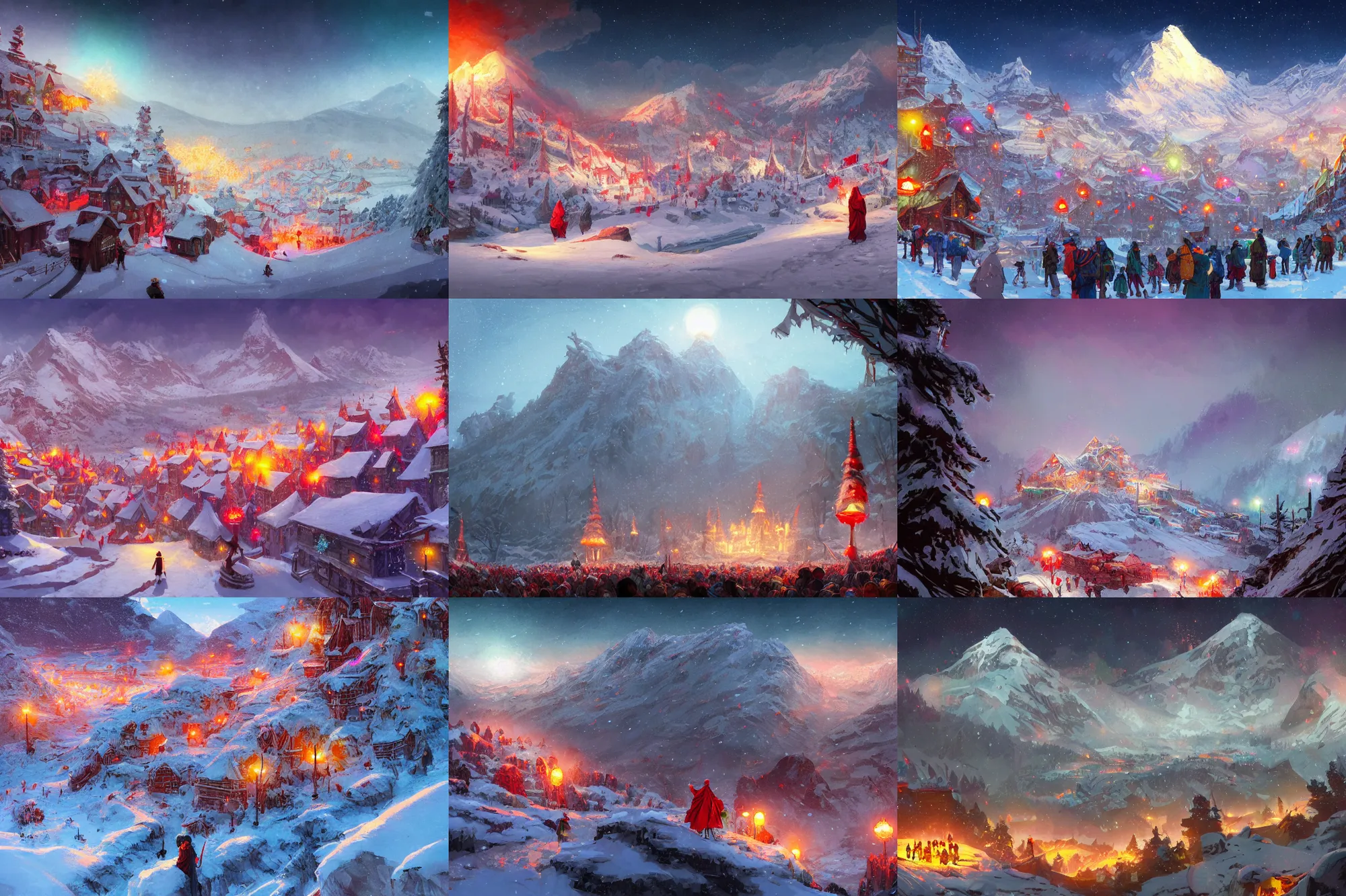 Prompt: white snow, top of the mountain, mountain of monks, red pennants, colorful dream, glowing lights, epic fantasy, colorfully, detailed illustration, digital art, highly saturated colors, overdetailed art, concept art, detailed illustration, hd, 4 k, digital art, greg rutkowski, dan mumford, studio ghibli trending on artstation