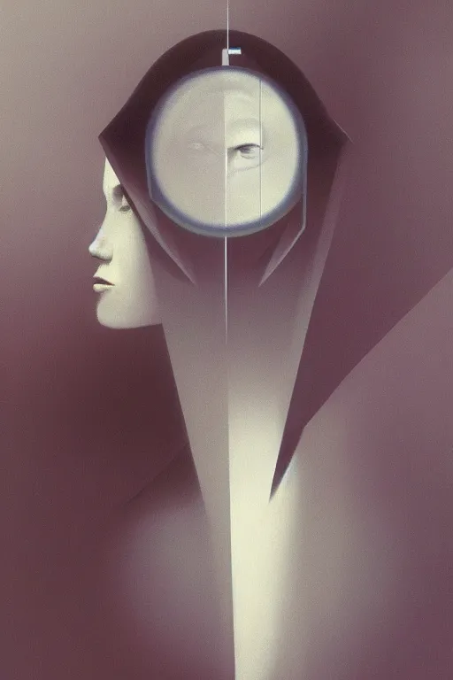 Image similar to woman wearing Oculus and digital glitch head Edward Hopper and James Gilleard, Zdzislaw Beksisnski, higly detailed