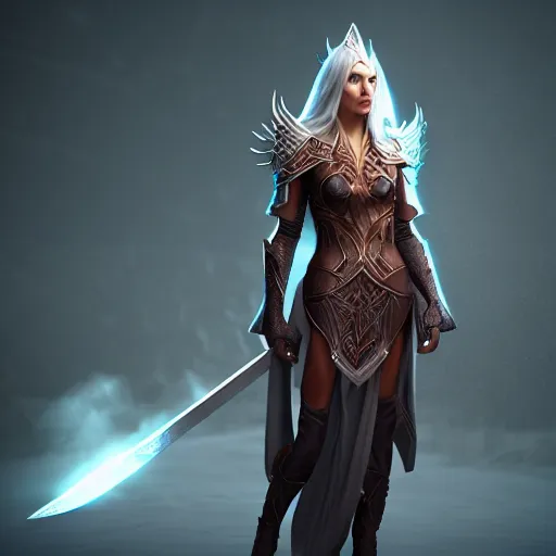 Prompt: full - body shot, cinematic movie image, beautiful hot elven female mage with a shield and a sword, ultra - hd, hcl, 1 2 - bit, ar, volumetric lighting, screen space global illumination, opaque, optics, lumen reflections, vfx, insanely detailed and intricate