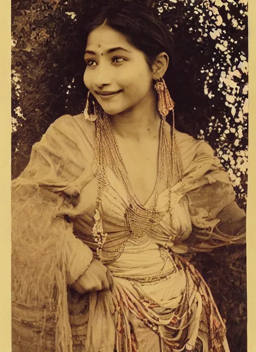 Image similar to hyper realistic and detailed vintage portrait photo of a beautiful beautifully lit nepalese Victorian woman smiling in a himalayan valley by alphonse mucha and annie leibovitz