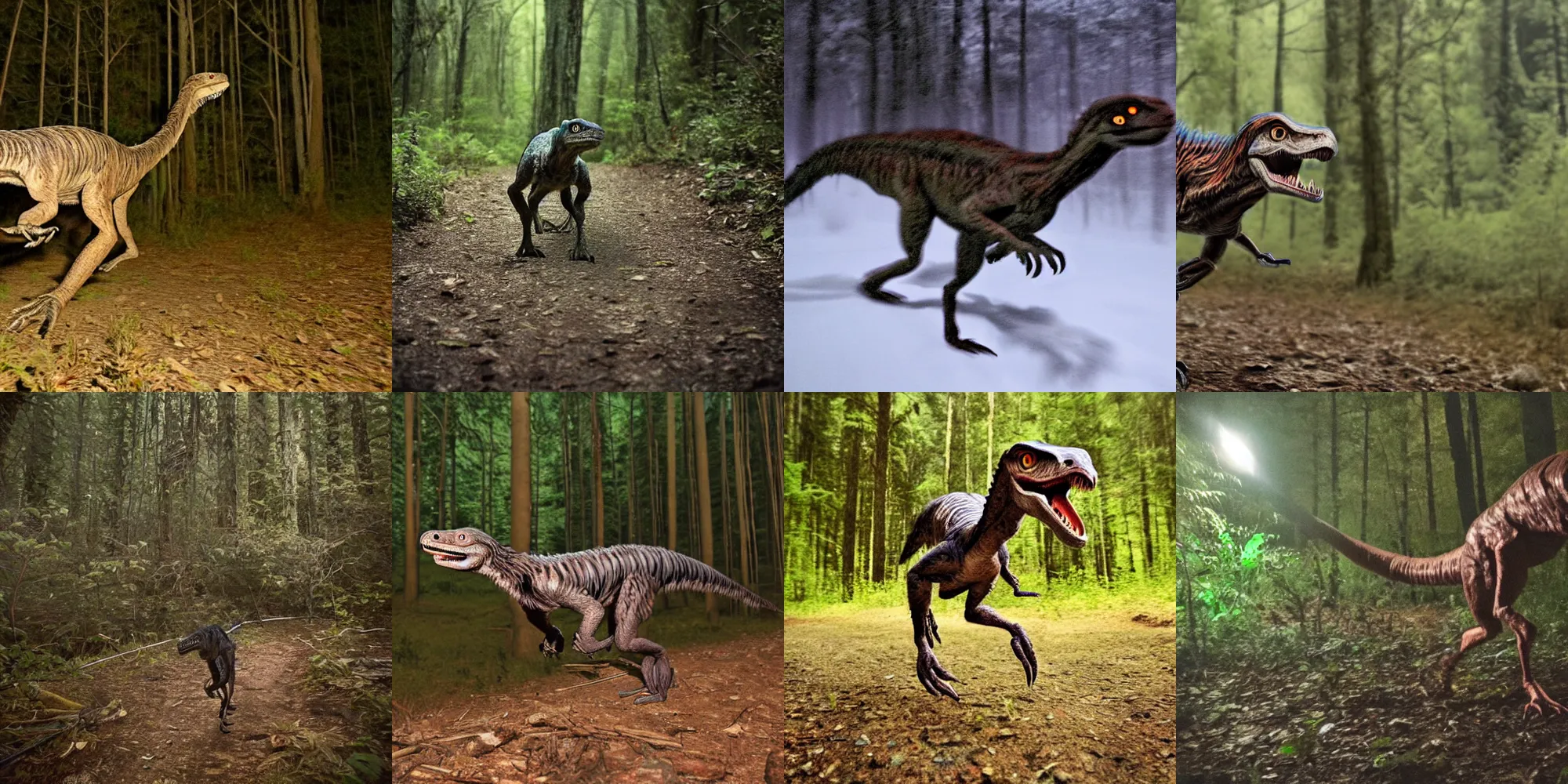 Prompt: trail camera photograph of a moving velociraptor at night in the forest. obscurity. darkness!!!. flash light. red eyes. motion blur. dim light. stress