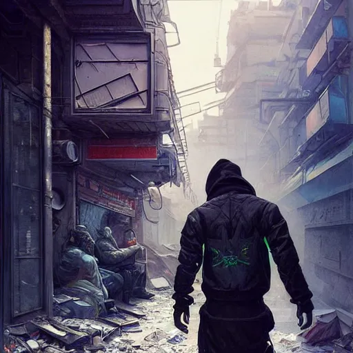 Prompt: A cyberpunk gopnik on the street of a Soviet slum on the moon, Norilsk, sci-fi, fantasy, intricate, very very beautiful, elegant, highly detailed, digital painting, artstation, concept art, smooth, sharp focus, illustration, art by artgerm and greg rutkowski and alphonse mucha