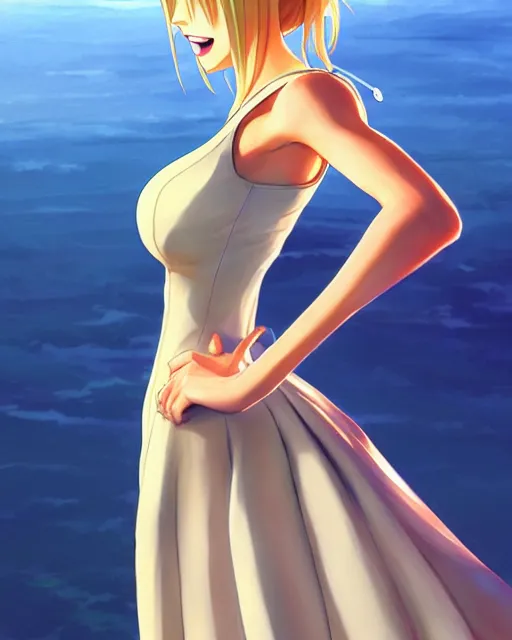 Image similar to taylor swift as nami from one piece, simple cream dress, detailed perfect face, mid view, by artgerm, by studio muti, greg rutkowski makoto shinkai takashi takeuchi studio ghibli