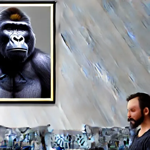 Image similar to Gorilla looking at a framed portrait of a man, hyperrealistic, concept art, 8k, artstation, cinematic, volumetric lighting