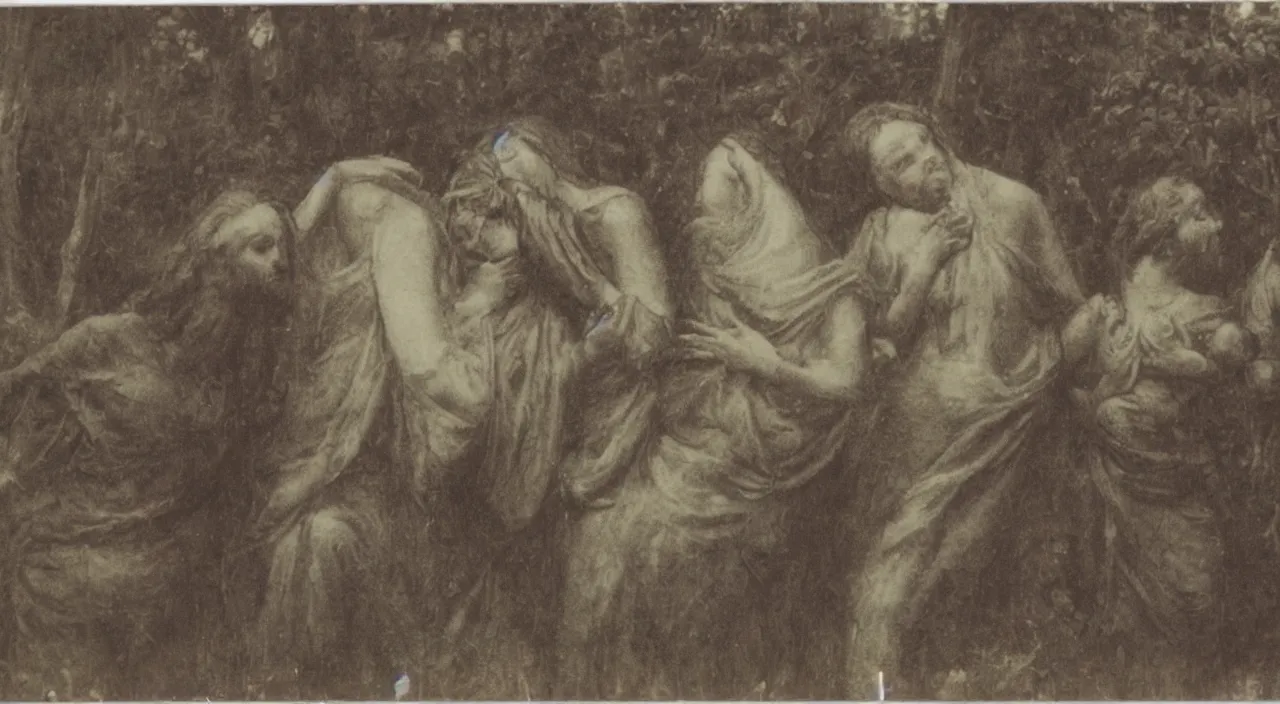 Image similar to an old polaroid of 3 maria's in a landscape crying at the death of christ