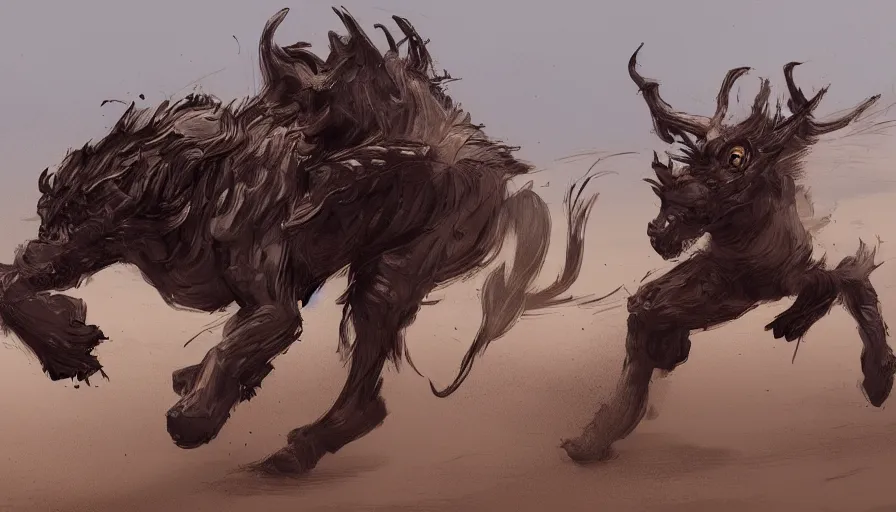 Image similar to concept art of beast running across the open desert by jama jurabaev, trending on artstation, high quality, brush stroke