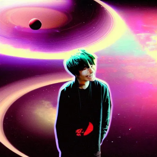 Image similar to anime of jacob collier on space darkness hitting saturn rings with drum sticks