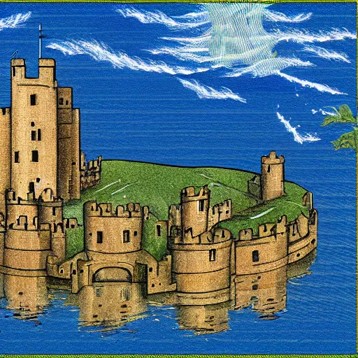 Prompt: Illustration of a medieval castle on a floating island