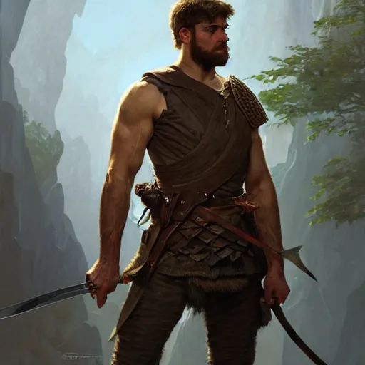 Image similar to portrait of a young rugged ranger gripping his longsword, muscular, upper body, D&D, fantasy, intricate, cinematic lighting, highly detailed, digital painting, artstation, concept art, smooth, sharp focus, illustration, art by Artgerm and Greg Rutkowski and Alphonse Mucha