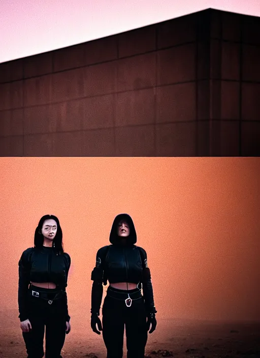 Image similar to cinestill 5 0 d photographic portrait of two loving female androids wearing rugged black techwear on a desolate plain with a red sky, extreme closeup, lizard on ground, cyberpunk style, in front of a brutalist dark metal facility, dust storm, 8 k, hd, high resolution, 3 5 mm, f / 3 2, ultra realistic faces