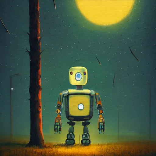 Prompt: robot under the tree surreal photography, dark night, stars, moon light, impressionist painting, clouds, digital painting, artstation, simon stalenhag