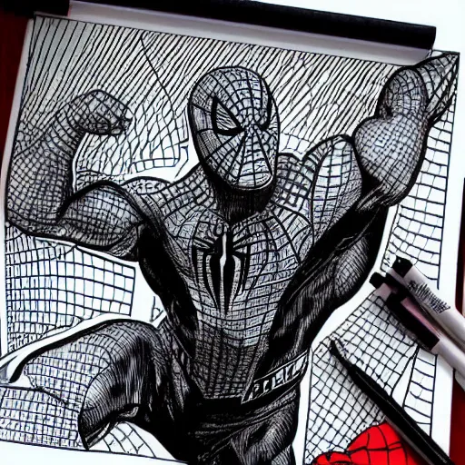 Image similar to dwayne johnson as spiderman in style of black pen line drawing, very detailed