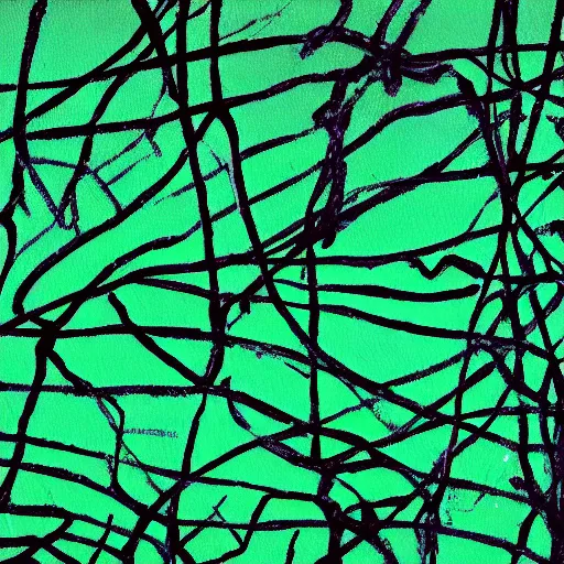 Image similar to painting of black and green synapses against a mint green background