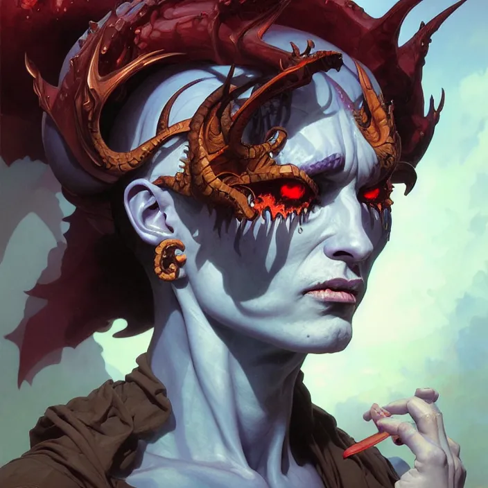 Image similar to excellent painted portrait of the demon god-tyrant of the abyss, character artwork, 8k resolution artwork, trending on artstation, detailed oil painting portrait, art by artgerm and greg rutkowski and alphonse mucha and craig mullins and James Jean and Andrei Riabovitchev and Marc Simonetti and peter mohrbacher