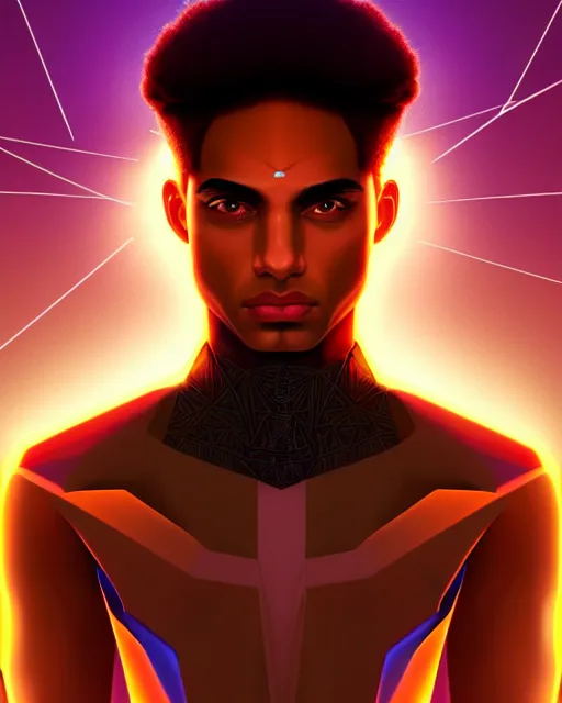 Image similar to symmetry!! egyptian prince of technology, solid cube of light, hard edges, product render retro - futuristic poster scifi, lasers and neon circuits, brown skin man egyptian prince, intricate, elegant, highly detailed, digital painting, artstation, concept art, smooth, sharp focus, illustration, dreamlike, art by artgerm