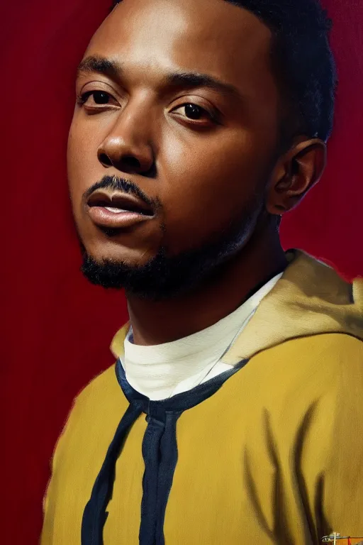 Image similar to Kendrick Lamar, oil on canvas, artstation, by Basquiat, J. C. Leyendecker and Edmund Blair Leighton and Charlie Bowater, octane render