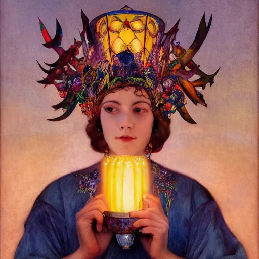 Image similar to queen of twilight with her lantern, by Annie Swynnerton and Diego Rivera and Tino Rodriguez and Maxfield Parrish, elaborate headdress and embroidered velvet, iridescent beetles, rich color, dramatic cinematic lighting, extremely detailed