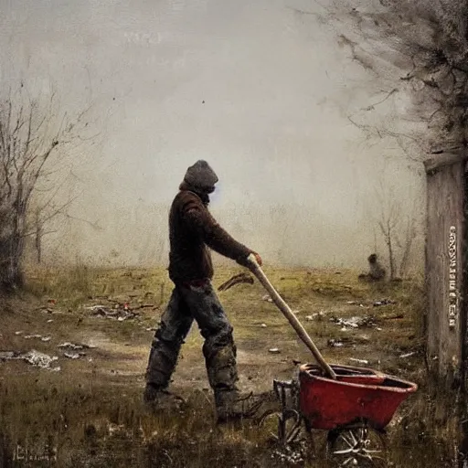 Image similar to painting by jakub rozalski of a person walking with a wheelbarrow in an abandoned post soviet town infested with root monsters