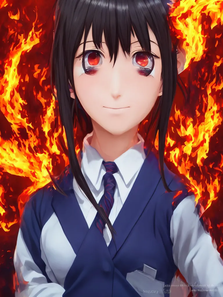 Prompt: Portrait of a Japanese schoolgirl with short hair in school uniform causing flames in a moment of rage, ultra detailed, artstation, 8k, photorealistic, digital anime art.