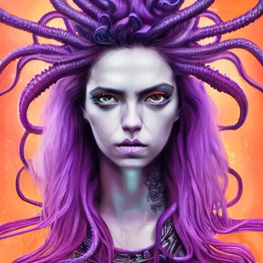 Prompt: detailed art portrait of a furious girl with think, hair-like purple tentacles on her head and bright purple eyes, 8k,by tristan eaton, Stanley Artgermm,Tom Bagshaw,Greg Rutkowski,Carne Griffiths,trending on DeviantArt, face enhance,hyper detailed ,full of colour,