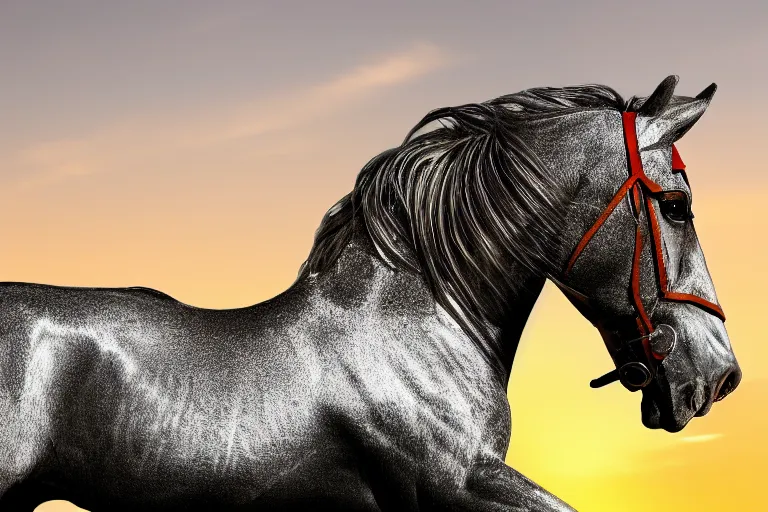 Image similar to knight horse, chrome, reflect, ultra realistic!!!, clear weather, golden hour, sharp focus