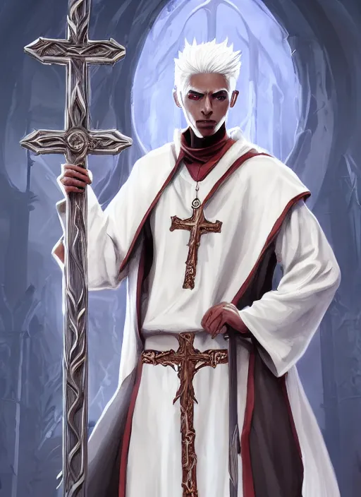 Image similar to a highly detailed illustration of white haired african priest wearing white robe, wielding bloody cross, gothic church background, intricate, elegant, highly detailed, centered, digital painting, artstation, concept art, smooth, sharp focus, league of legends concept art, wlop