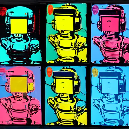 Image similar to old robot, 6 panels by andy warhol, with highly contrasted colors and an illuminating background