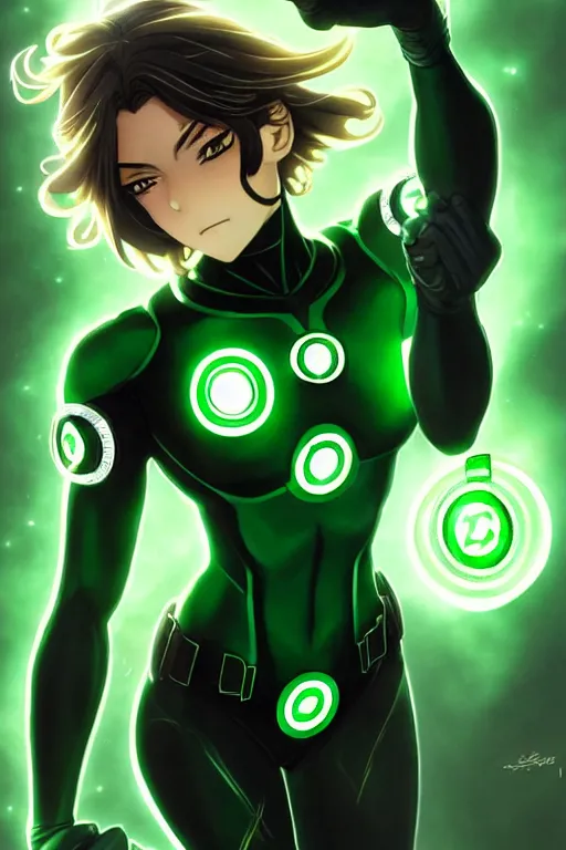 Image similar to anime key visual of a beautiful young female green lantern!! intricate, green and black suit, glowing, powers, dc comics, cinematic, stunning, highly detailed, digital painting, artstation, smooth, hard focus, illustration, art by artgerm and greg rutkowski and alphonse mucha