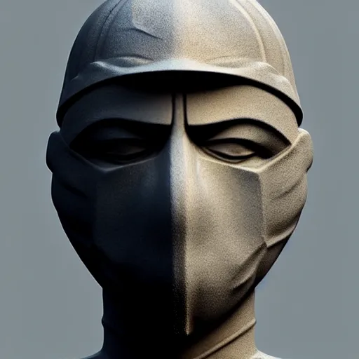 Prompt: 3 d octane rendering, marble statue of ninja wearing full face mask and hunter hat, vfx art, sharp, detailed, pinterest, unreal engine, behance, technological, octane render