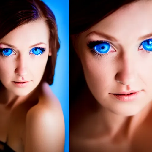 Image similar to photo portrait of very very very beautiful woman staring into camera, realism, blue eyes, extreme detail, key art, ring light, flash, photo by greg rutkoski, photoshoot