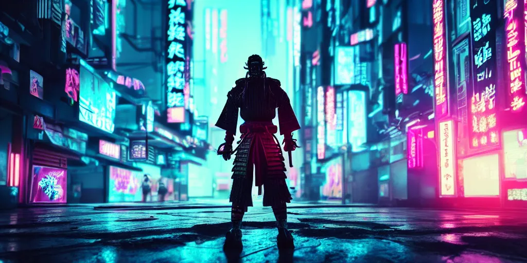 Image similar to A samurai in a cyberpunk city in a synthwave style. Wide shot, High action glowing neon lights, digital art, artstation, cinematic, volumetric lighting, Award winning, ultra high resolution, intricate details, rendered with unreal engine, octane render, UHD 8K