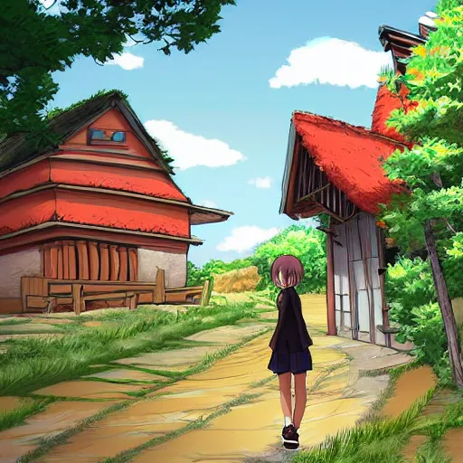 Prompt: Anime digital art of an anime girl in a village, studio ghibli, digital art