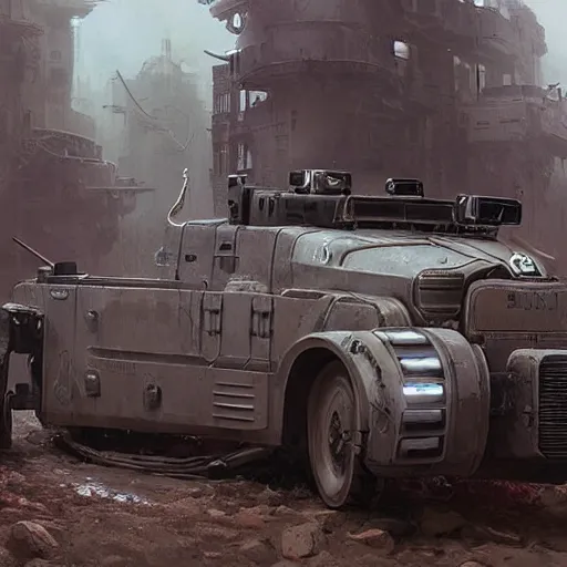 Image similar to a highly detailed epic cinematic concept art CG render digital painting artwork: dieselpunk patrol car. By Greg Rutkowski, Ilya Kuvshinov, WLOP, Stanley Artgerm Lau, Ruan Jia and Fenghua Zhong, trending on ArtStation, subtle muted cinematic colors, made in Maya, Blender and Photoshop, octane render, excellent composition, cinematic atmosphere, dynamic dramatic cinematic lighting, precise correct anatomy, aesthetic, very inspirational, arthouse