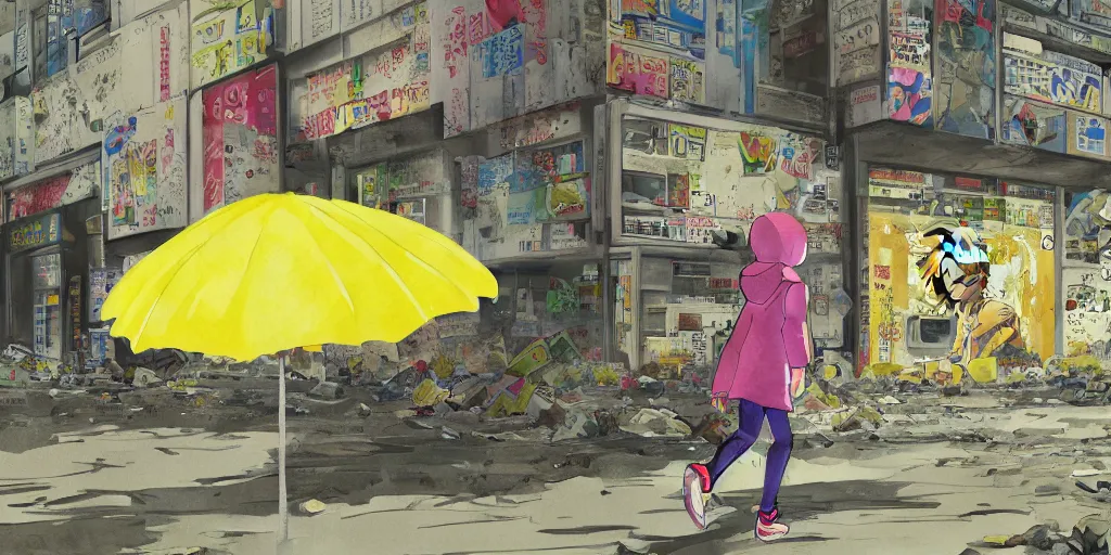 Prompt: backlit distant shot of girl in a parka running from a giant robot invasion side view, yellow parasol in deserted dusty shinjuku junk town, incredible wide screenshot, ultrawide, simple watercolor, rough paper texture, ghost in the shell movie scene, broken vending machines, bold graphic graffiti, old pawn shop, bright sun bleached ground, mud, fog, dust, windy, scary robot monster lurks in the background, ghost mask, teeth, animatronic, black smoke, pale beige sky, junk tv, texture, brown mud, dust, tangled overhead wires, telephone pole, dusty, dry, pencil marks, genius party, shinjuku, koji morimoto, katsuya terada, masamune shirow, tatsuyuki tanaka hd, 4k, remaster, dynamic camera angle, deep 3 point perspective, fish eye, dynamic scene