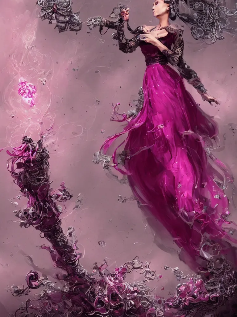 Prompt: a beautiful years old chatain hair woman in a magenta long dress with silver rings and pink nails \ she makes levitate a precious bottle of the main ingredient company filled with ivory white liquid and a black sticker on it. fantasy, intricate, elegant, highly detailed, digital painting, artstation, concept art, matte, illustration, artger, greg rutkowski, epic fantasy