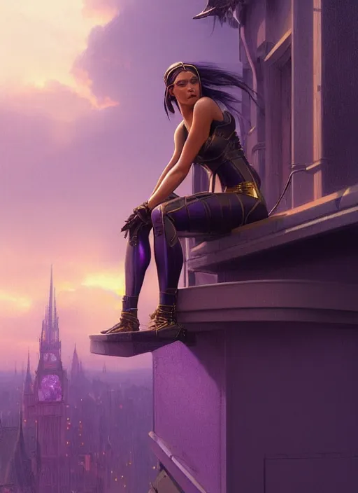 Image similar to young woman sits on the edge of the roof : : purple - gold streets cyberpunk : : weta disney pixar movie still photo : : decadent highly - detailed digital painting, heroic pose, full length shot, golden ratio, octane render, artstation, smooth, sharp focus, artgerm, mucha, loish, wlop, gogo