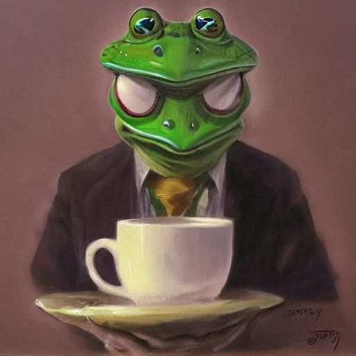 Image similar to mr 🐸 drinking ☕ by james gurney