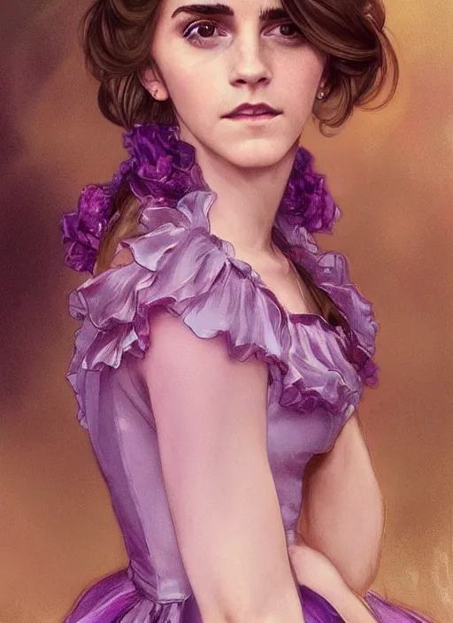 Prompt: full figure emma watson at the yule ball wearing revealing elegant pink and purple dress with flounces. beautiful detailed face. by artgerm and greg rutkowski and alphonse mucha