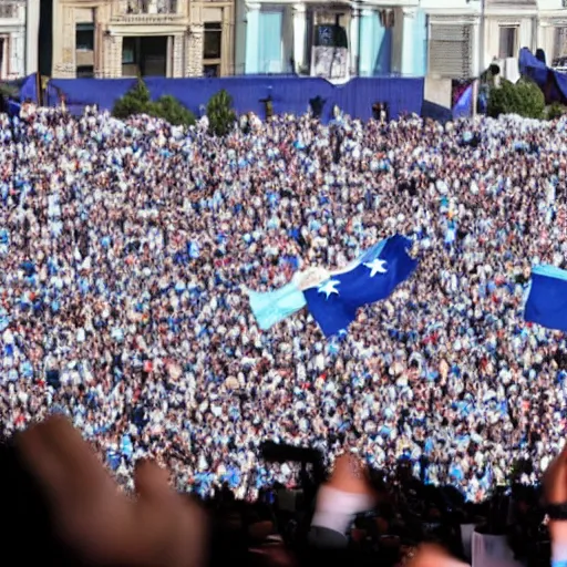 Image similar to Lady Gaga as president, Argentina presidential rally, Argentine flags behind, bokeh, giving a speech, detailed face, Argentina