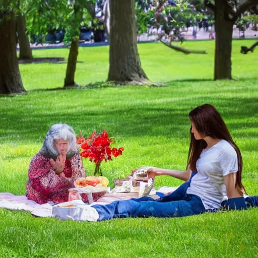 Prompt: death and life having a picnic at the park