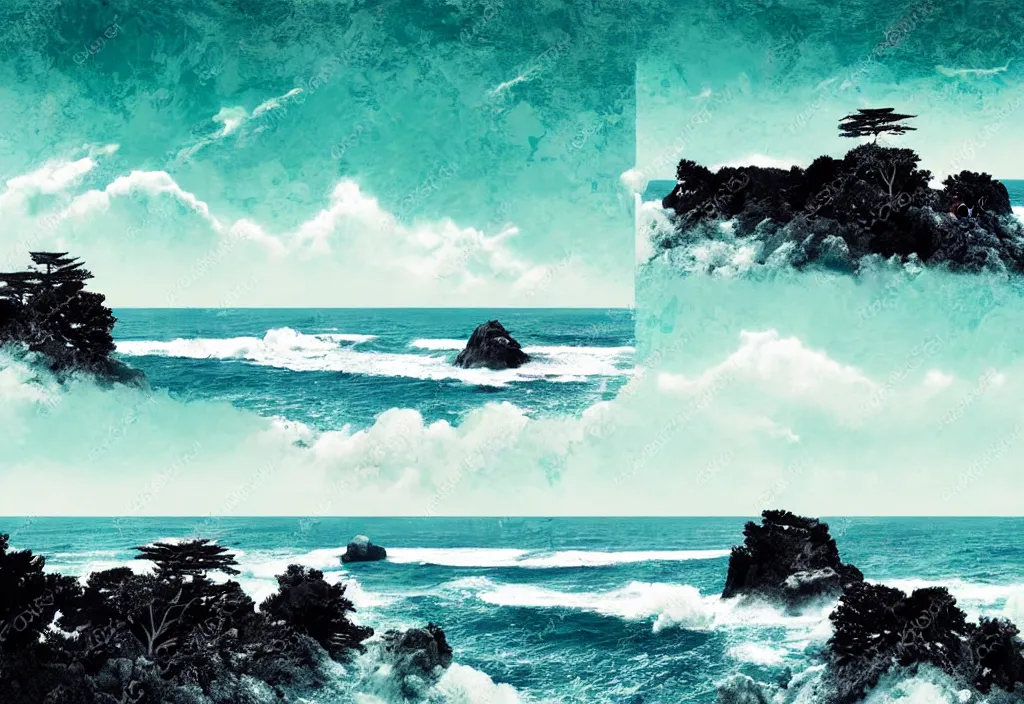 Prompt: low angle landscape seaside windswept trees on a hill overlook ocean waves crashing against rocks cliffs, tourist foreground, rural japan, a collage painting, in the style of wes anderson, lola dupre, david hockney, isolated on negative white space background dark monochrome fluorescent neon spraypaint accents volumetric octane render