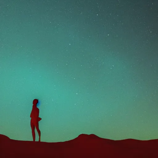 Image similar to a photo of a silhouette of a person in a color lit desert at night