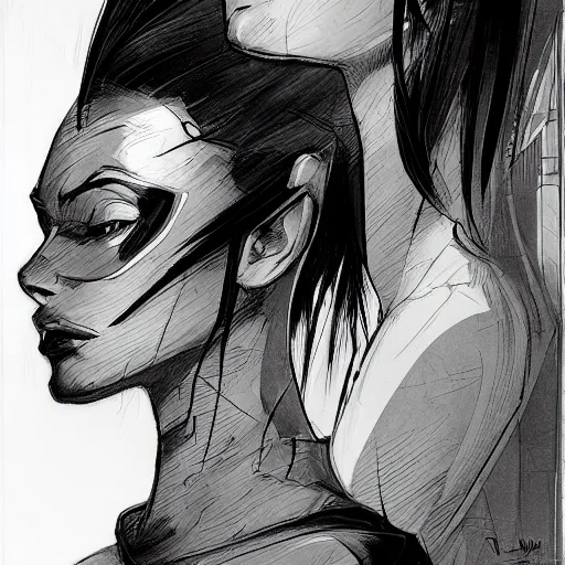 Image similar to concept art character, very high angle view, book cover, very attractive woman with full lips, slender figure, , walking in cyberpunk valley highly detailed full body, royalty, smooth, sharp focus, organic, appealing, book cover, deep shadows, by Dave McKean sketch lineart for character design, extremely fine inking lines