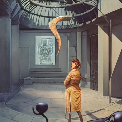 Image similar to detailed face of a woman with obsidian eyes in a architectonic courtyard with dna sculptures at a science expo, atmospheric, ambient, pj crook, syd mead, livia prima, artgerm, greg rutkowski, nick alm, casey baugh